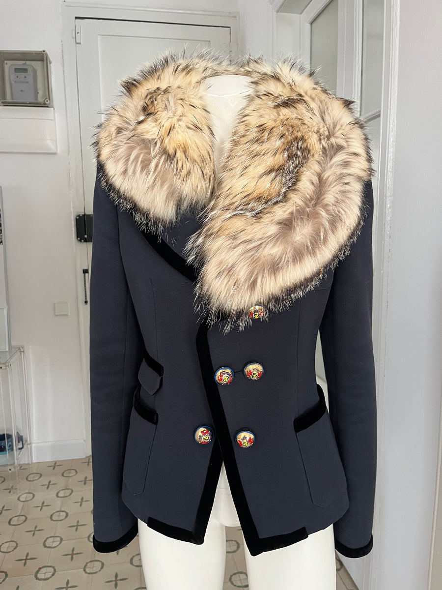 ジャケット・アウター BALENCIAGA fur coat navy F Women's Animal-free Fur Collar Denim Jacket in Dark Blue