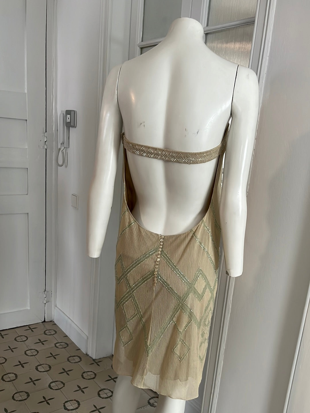 chloe open back dress Chloe Open-Back Kaftan Dress w/ Pinctada Maxima Necklace